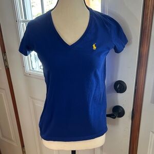 Ralph Lauren Women's V-Neck Short Sleeve Tee - Blue with Yellow Polo Logo